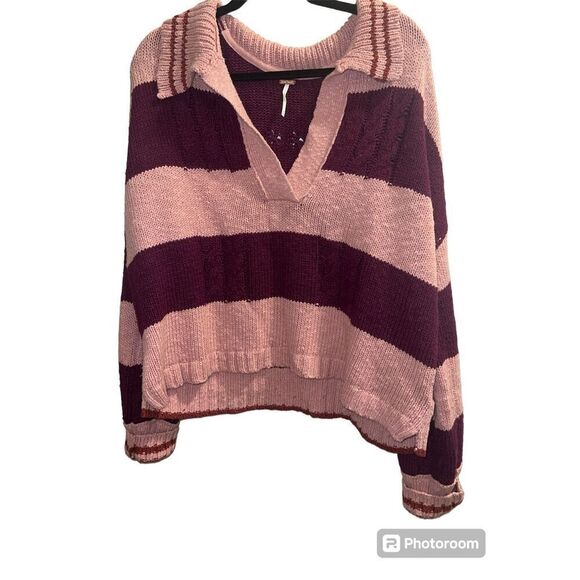 ✨Free People Pembrook Sz Medium Sweater in Moody Pink Combo Striped Cotton✨ - Picture 8 of 12